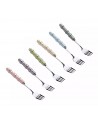 SET X 6 TENEDORES P/POSTRE PLATEADO C/MANGO MULTICOLOR